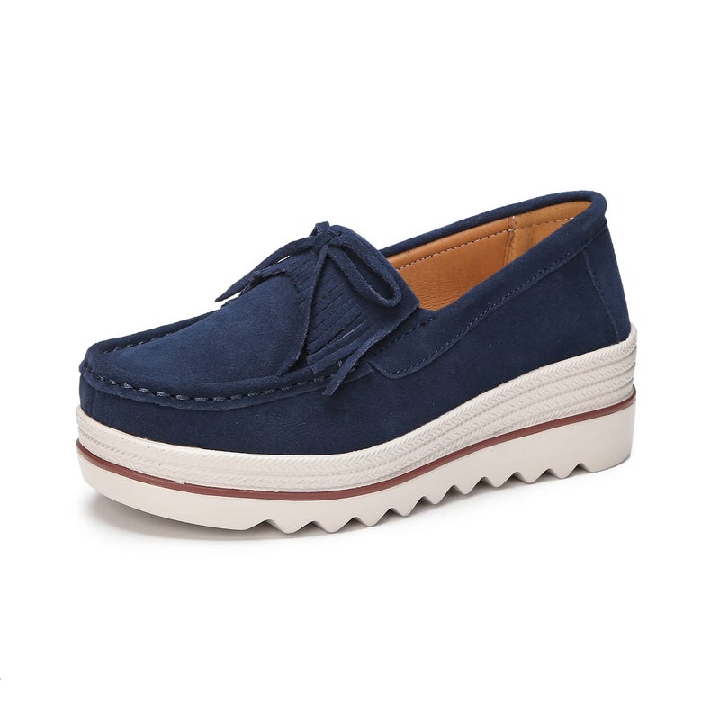 Ruiatoo Women Loafers & Slip-ons Platform Comfort Suede Low Top Moccasins with Tassel Casual Platform Dress Shoes (2017,Deep Blue 35) - Image 1